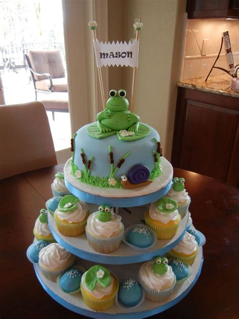 frog themed cake and cupcake tower