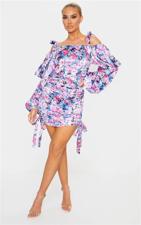 Floral Print Satin Ruched Bardot Bodycon Dress Prettylittlething