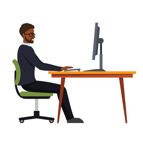 The Correct Position Posture When Working At The Computer A Man Sits