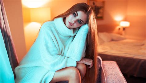 lamp brown eyes sitting long hair vitaly plyaskin model makeup white sweater women face