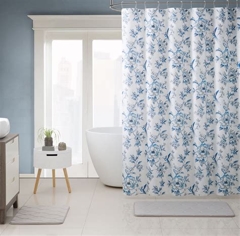 Blue Floral And Birds Fabric Shower Curtain