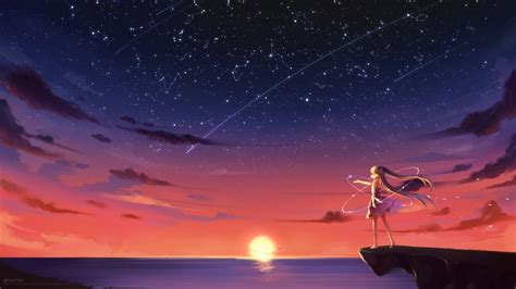 Blonde Anime Girl Under The Starry Sky Wallpaper Backiee