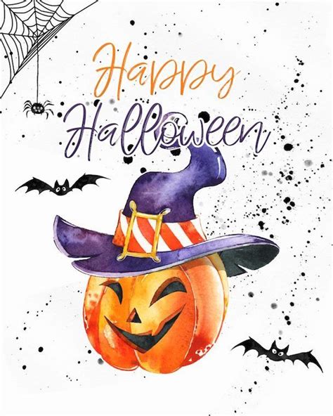 A Watercolor Halloween Card With A Pumpkin Wearing A Witchs Hat And