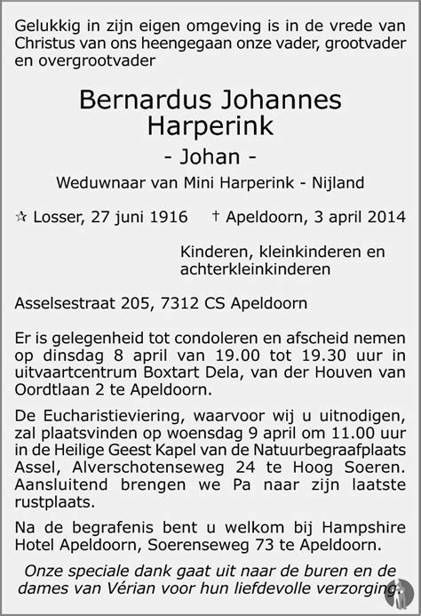 Bernardus Johannes Johan Harperink Overlijdensbericht En