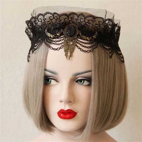 Women Headband Hair Jewelry Handmade Gothic Layer Black Lace Veil Tulle Crown Stone Angel Wing