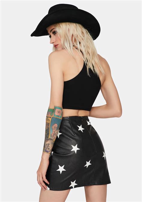 Star Print Mini Skirt Black Vegan Leather Dolls Kill