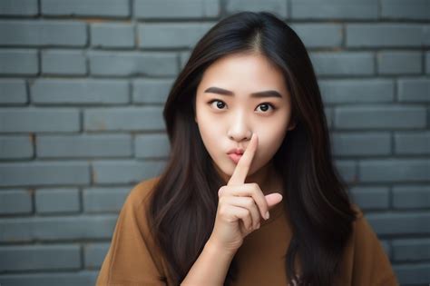premium ai image hipster teen gen z asian girl showing shh sign finger gesture asking to keep