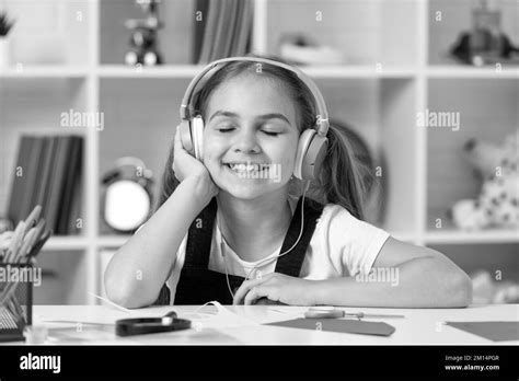 Child In Modern Earphones Online Education Back To School Happy Teen