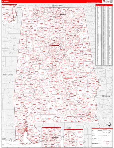 Alabama Zip Code Wall Map Red Line Style By Marketmaps Mapsales