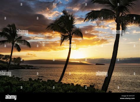 Sunset Silhouettes Offshore Kahoolawe And Molokini Islands From Makena Beach On Hawaiis Island