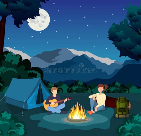 Group Of Young People Are Sitting Around Campfire Stock Vector