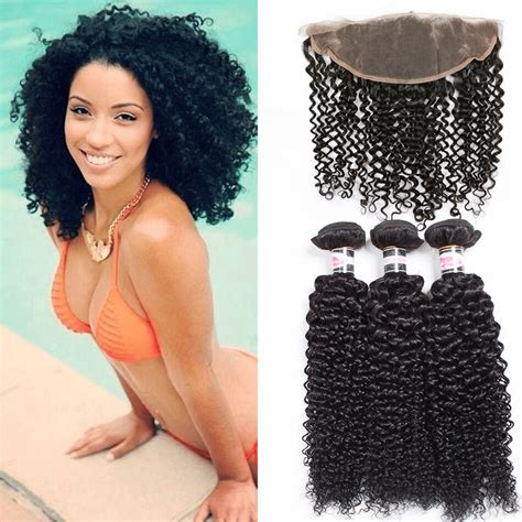Brazilian Curly Hair With Frontal Closure Bundle Kinky Curly Human Hair Bundles With Frontal