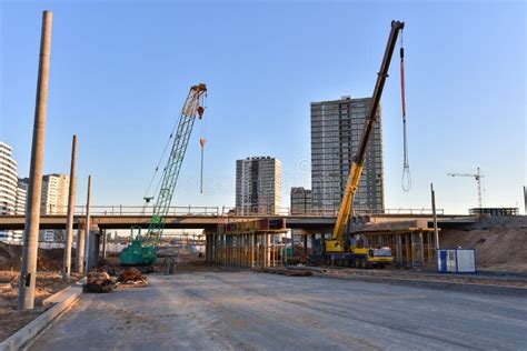 Work Of Truck Crane And Crawler Crane On Bridge Project Works