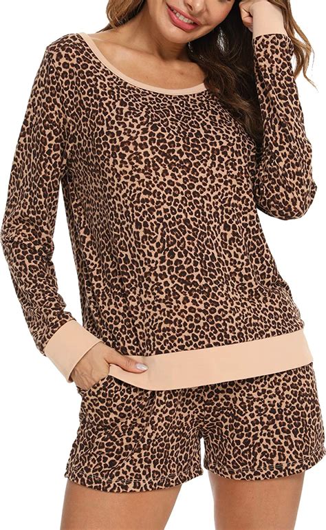 Skinpal Womens Leopard Print Pajamas Set Long Sleeve Tops With Shorts Lounge Set Casual Two