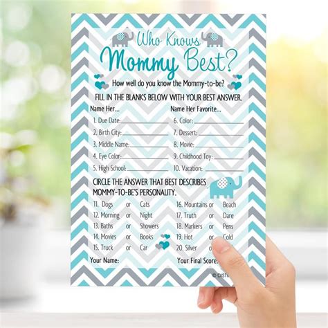 Teal Elephant Boy Who Knows Mommy Best Baby Shower Game Cards