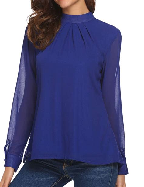 cosbeauty women loose chiffon tops blouse casual long sleeve pleated tshirt royal blue size m