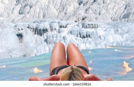 Woman Sunbathing Pamukkale Natural Travertine Pools Stock Photo