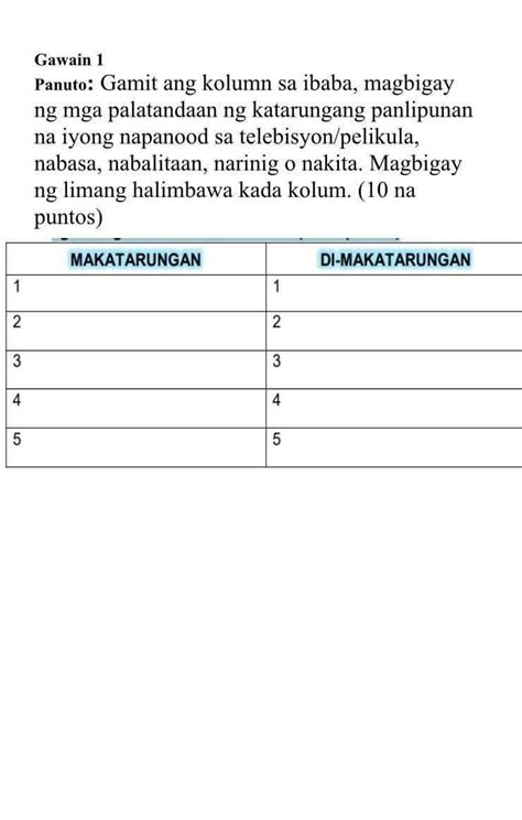 Gawain Panuto Gamit Ang Kolumn Sa Ibaba Magbigay Ng Mga Palatandaan