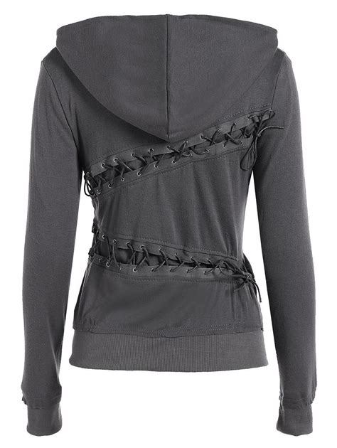 Gray L Trendy Hooded Long Sleeve Lace Up Solid Color Womens Hoodie