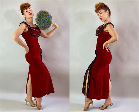 1940s gypsy s gimmick gown vintage 40s rose red rayon velvet burlesque dress w sequins black