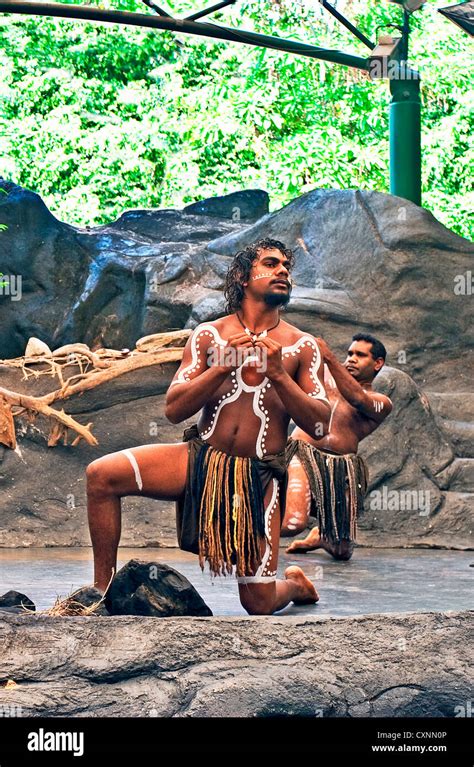 Cairns Australia Aborigine Men Performing On Stage At Tjapukai Aboriginal Cultural Park Stock