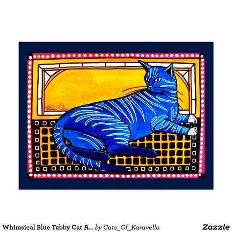 Whimsical Blue Tabby Cat Art Postcard By Cats Of Karavella Cat Art By