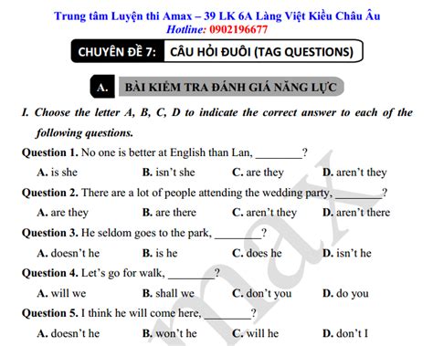 Chuyên đề 7 Câu Hỏi đuôi Tag Questions Tiếng Anh Nâng Cao 9