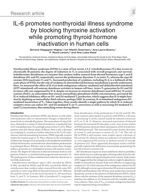 Pdf Il 6 Promotes Nonthyroidal Illness Syndrome By Blocking Thyroxine