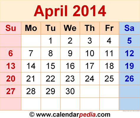 April 2014 Calendar Templates For Word Excel And Pdf