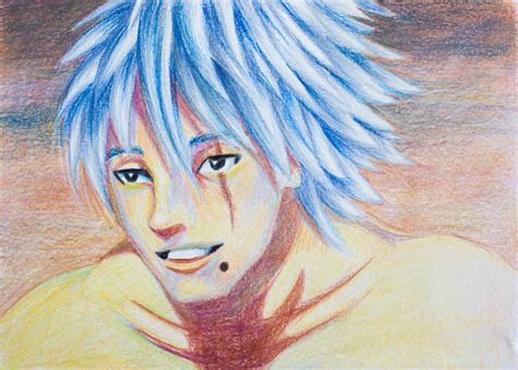 Hand Drawn Colour Pencil Drawing Of Ninja With Grey Blue Hair And A