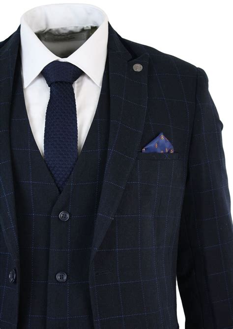 Gino giovanni navy blue formal suit set from baby to teens. Mens Navy Blue Check Classic Tailored Fit Retro Check 3 ...