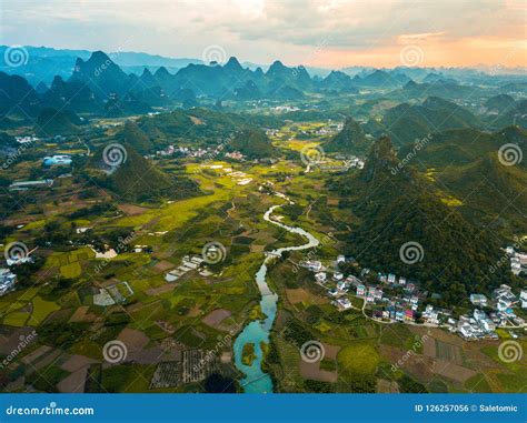 Yangshuo Rice Fields In China Aerial View Stock Photo Image Of