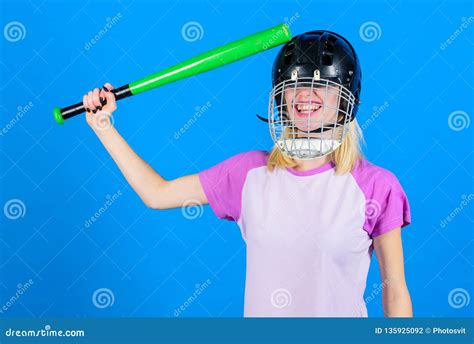 Girl Confident Pretty Blonde Wear Baseball Helmet And Hold Bat On Blue
