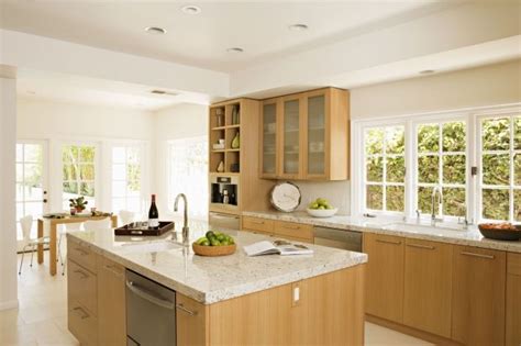 Some people hold the belief that maple cabinets are outdated, but we. light maple modern kitchen cabinets, white-ish granite ...