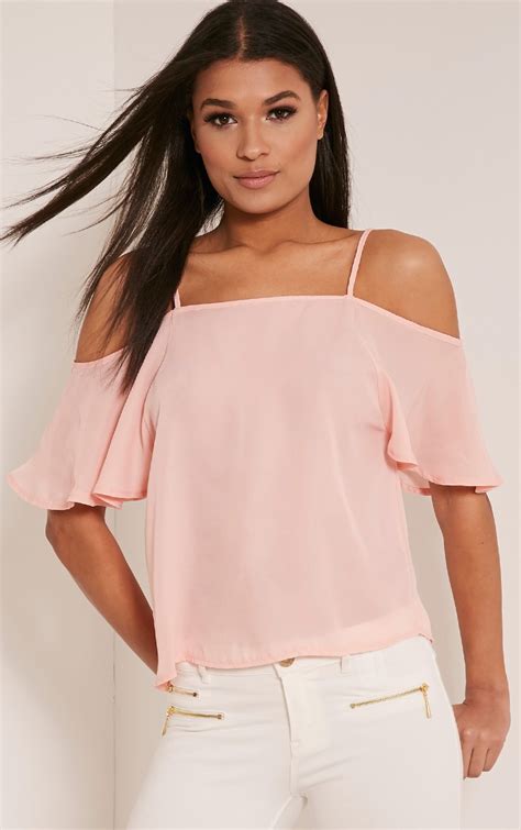 Ruthy Pink Cold Shoulder Chiffon Top Tops Prettylittlething