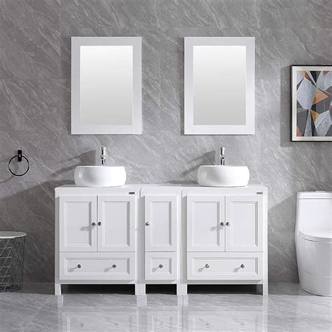 Wonline 60 White Double Bathroom Vanity Wood Cabinet Round Sink Combo