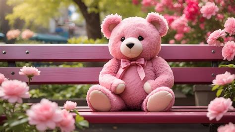 Premium Ai Image A Cute Pink Color Teddy Bear Sitting On Bench In