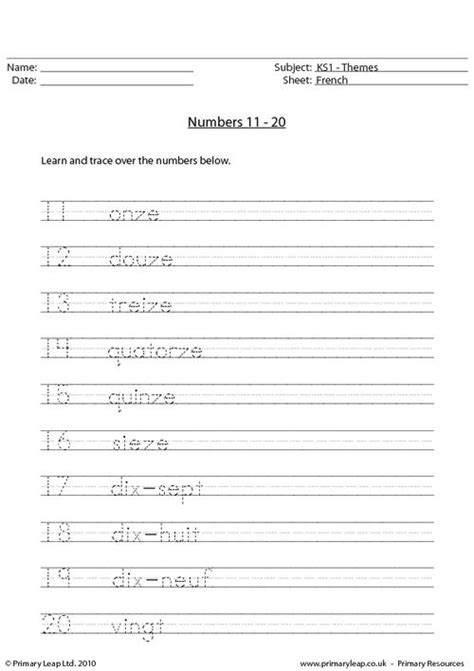 French Numbers 11-20 Worksheets