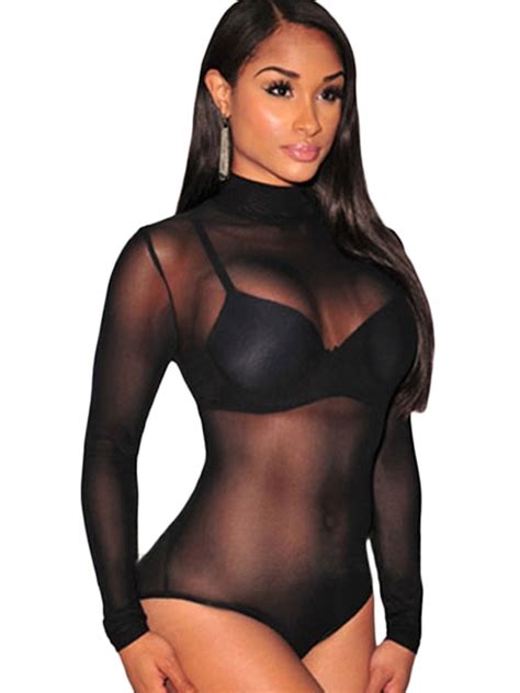 Sexy Mock Neck Womens Body Suit Lingerie Black Mesh Sheer Bodysuit