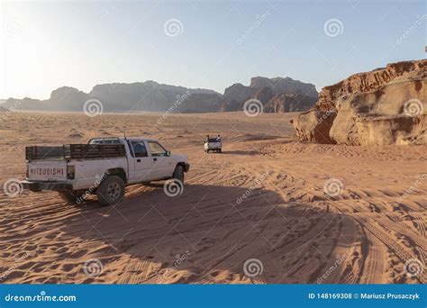 Bedouin`s Car Jeeps And Tourists Wadi Rum Desert In Jordan Middle