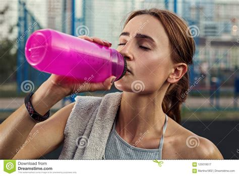 Sports Girl Drinks Water After Exercise Stock Image Image Of