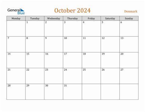 Free October 2024 Denmark Calendar