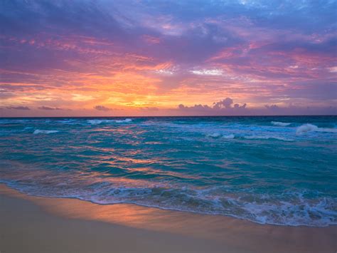 Wallpaper Seaside Dawn Sea Waves Sand Sky Clouds Sunrise