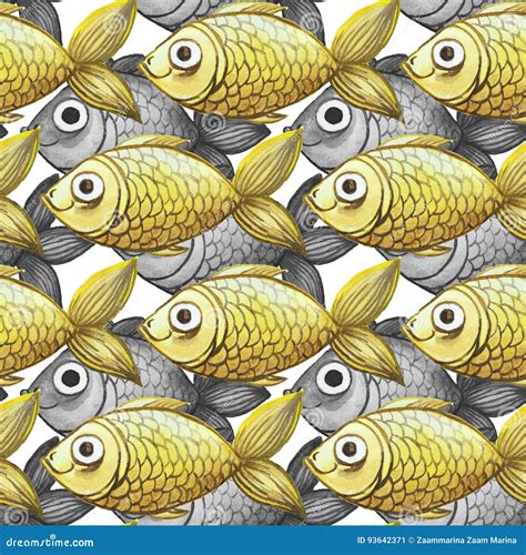 Painted Watercolor Seamless Background Fish Black And White With