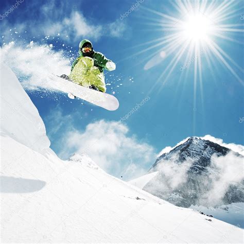 Snowboarder At Jump Inhigh Mountains ⬇ Stock Photo Image By © Dell640