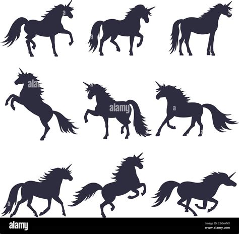 Mythology Illustrations Set Of Unicorns Silhouette In Different Poses