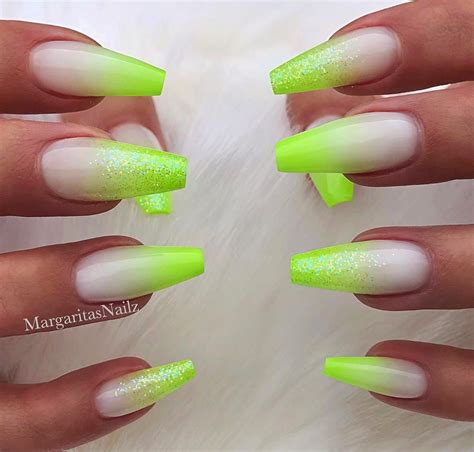 Lime Green And White Ombre Nails Coffin Shaped Set With Glitter On Two