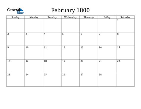 February 1800 Calendar Pdf Word Excel