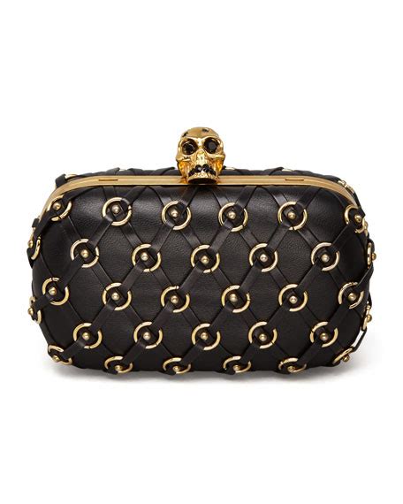 Alexander Mcqueen Leather Net Skull Clasp Clutch Bag With Strap