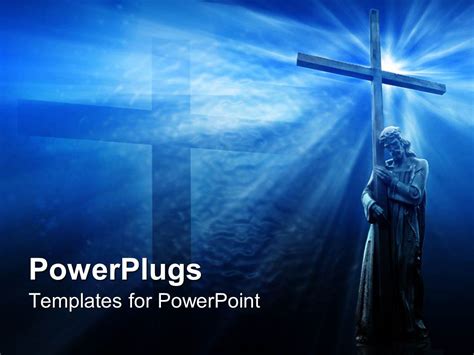 Powerpoint Template Jesus With Cross Blue Background Religious 17766